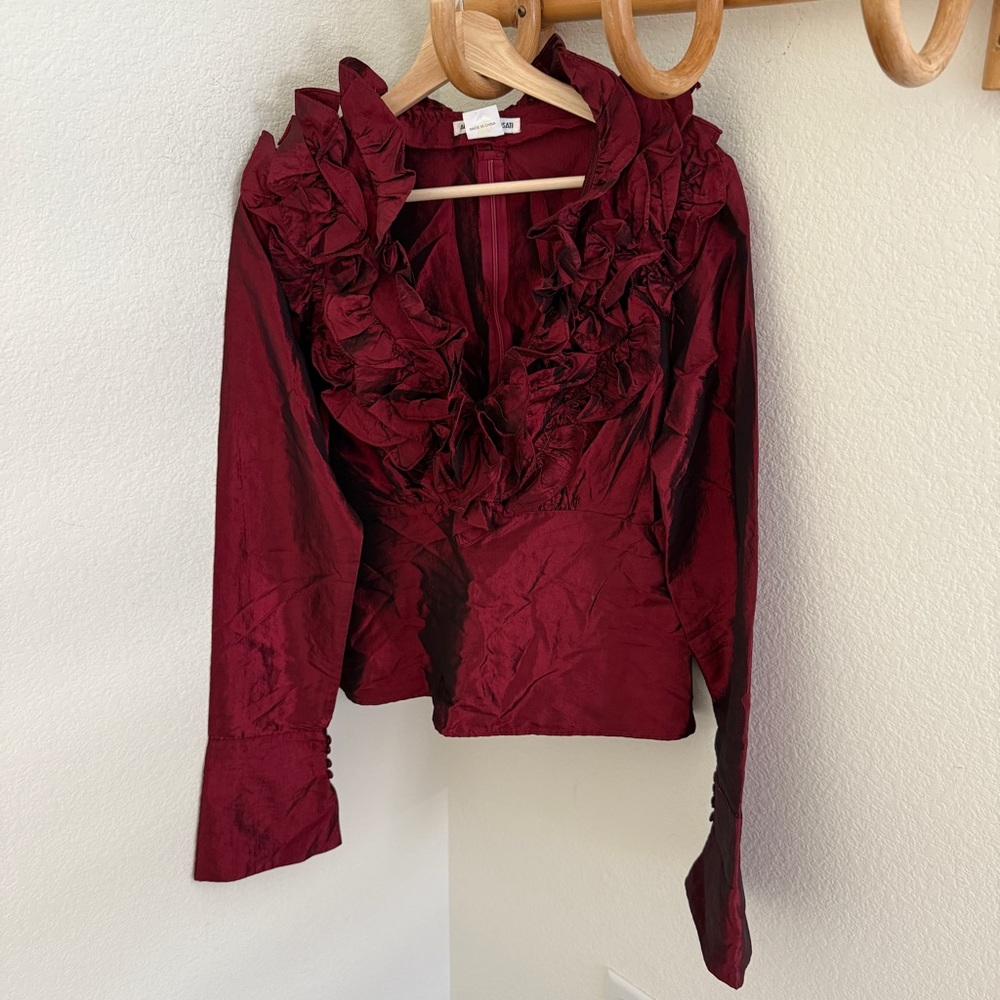 ALEXANDRA ROSATI burgundy red FRILLS RUFLES EMERALD long sleeve blouse size L